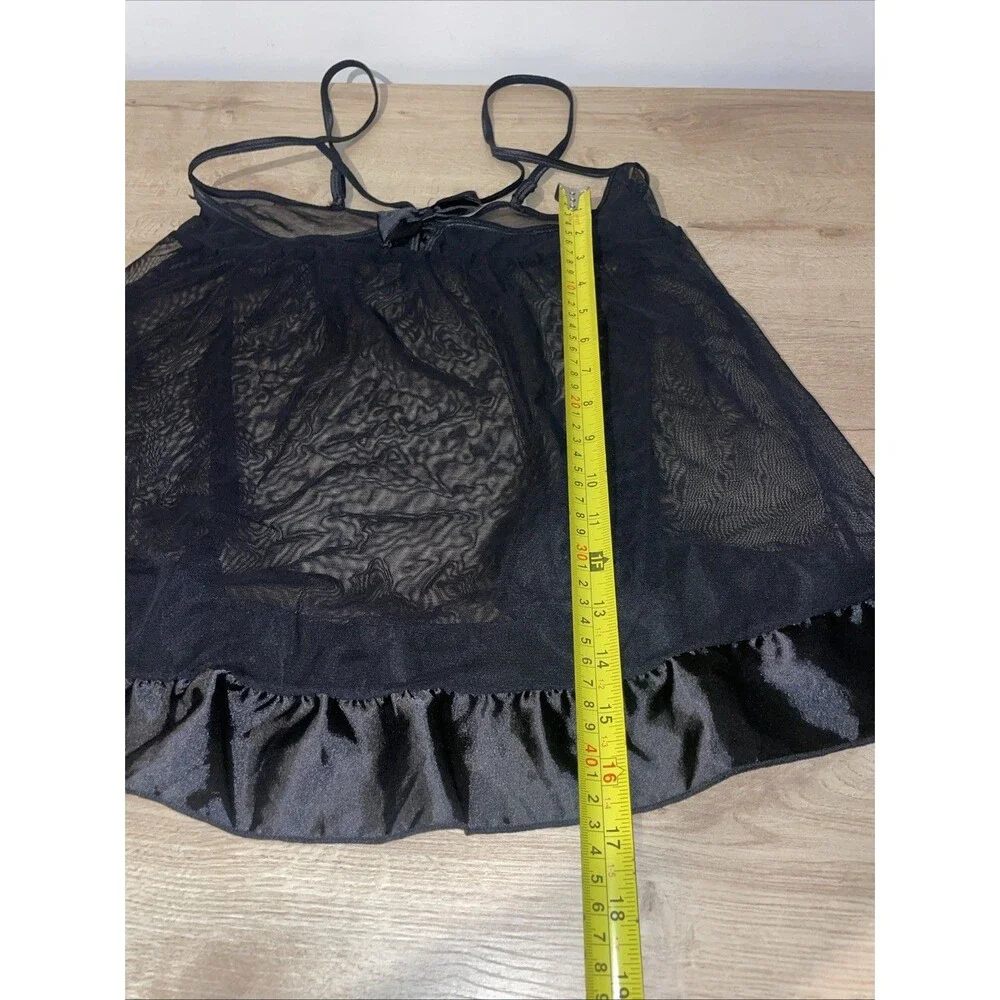 Rene Rofe Babydoll M/L Black Sheer Mesh Chemise Satin Ruffle Bow Lingerie